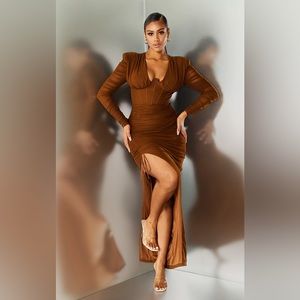 Chocolate Underwire Detail Ruched Mesh Midaxi Dress
